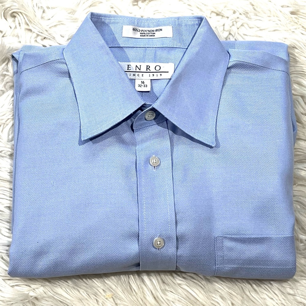 ENRO Button Up Dress Shirt Blue Pinpoint Pocket 100% Cotton Non-Iron 16, 32-33